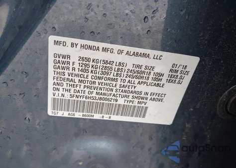 2018 Honda Pilot Exl z USA, uszkodzony, nr VIN 5FNYF6H53JB006219